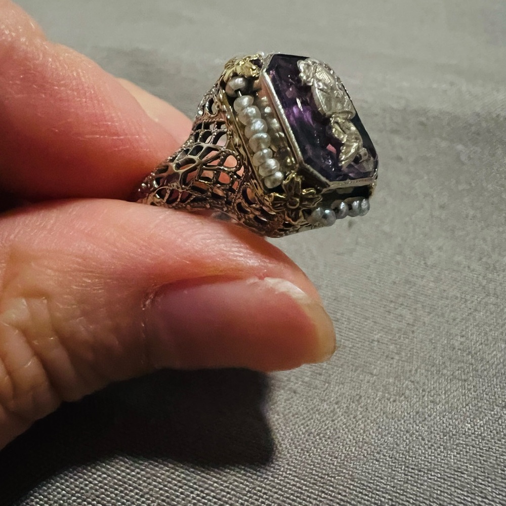 Edwardian 14K Gold Amethyst & Seed Pearl Ring – Antique - Picture 2 of 9